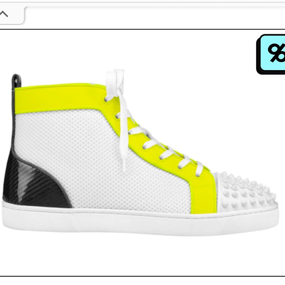 CHRISTIAN LOUBOUTIN White Mesh & Neon Yellow 'Lou Spikes Orlato' Sneakers